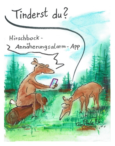 Cartoon: Kein Bock auf Bock (medium) by TomPauLeser tagged rehe,reh,dammwild,wild,brunftzeit,hirsch,hirschbock,app,handy,smartphone,wald,lichtung,äsen,warnapp,annäherung,annäherungsalarm,alarm,datingapp,tinder,date,dating,kein,bock,auf