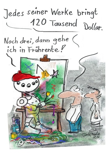 Cartoon: KI macht jetzt die Kunst (medium) by TomPauLeser tagged ki,kunst,roboter,roboterkunst,gemälde,auktion,dollar,kunstverkauf,galerie,kunstgalerie,maler,malender,leinwand,staffelei,pinsel,farbeimer,farbdosen,tube,farbtube