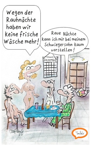 Cartoon: Noch immer Rauhnächte (medium) by TomPauLeser tagged rauhnächte,schwiegersohn,schwiegereltern,sohn,tochter,klamotten,kleidung,wäsche,schmutzige,schmutzwäsche