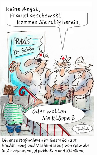 Cartoon: Praxisgewalt (medium) by TomPauLeser tagged gewalt,arzt,arztpraxen,arztpraxis,praxis,schlapplachsachen,tompaule,cartoon,satire,bodyguard,security,patient,patientin,mta,medizinisch,schlagring