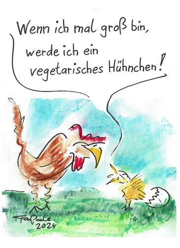 Cartoon: Zukunftspläne (medium) by TomPauLeser tagged vegetarisch,huhn,hahn,hühnchen,hähnchen,vegetarier,ei,eier,küken,zukunftspläne,plan,pläne,zukunft