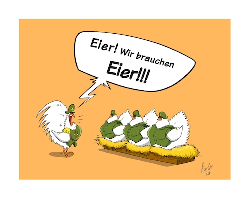 Cartoon: Eier! (medium) by Painter tagged hahn,huhn,ei,eier,nest,uniform,befehl,gehorsam,kommando,militär,federn,stall,heu