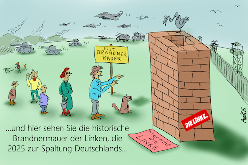 Cartoon: Die Linke Brandner-Mauer (medium) by Arni tagged die,linke,afd,politik,cdu,friedrich,merz,brandner,weidel,alice,spd,grüne,schulden,bundestag,psd,fdp,kredit,milliarden,entscheid,black,rock,deutschland