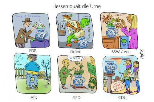 Cartoon: Hessen quält die Urne (medium) by Arni tagged wahl,bundestag,regierung,opposition,deutschland,merz,habeck,bollerwagen,weidel,musk,trump,kanzler,scholz,olaf,robert,volt,wagenknecht,linke,grüne,cdu,csu,söder,bembel,apfelwein,äppler