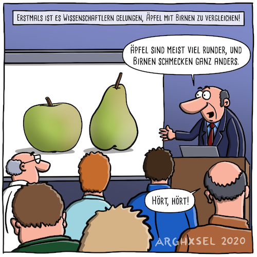 Cartoon: Äpfel und Birnen (medium) by Arghxsel tagged wissenschaft,äpfel,birnen,vergleich,vortrag,universität,professor,biologie,botanik,wissenschaft,äpfel,birnen,vergleich,vortrag,universität,professor,biologie,botanik