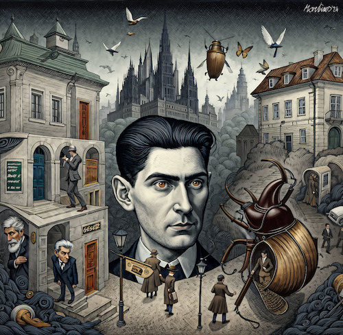 Cartoon: 100 Jahre Kafka 2 (medium) by MorituruS tagged franz,kafka,jubiläum,jubiläumsjahr,schriftstellerjahr,100,jahre,erzählung,verwandlung,vor,dem,gesetz,landarzt,prozess,urteil,hungerkünstler,weltliteratur,cartoon,karikatur,moriturus,schloss,moderne,prag,kafkaesk,deutsch,tschechisch