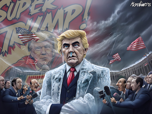 Cartoon: Das wahre Gesicht von SuperTrump (medium) by MorituruS tagged usa,us,präsident,amtseid,goldenes,zeitalter,düstere,zeiten,frostiges,klima,washington,minusgrade,eisige,temperaturen,kälte,eisig,eis,ice,feierlichkeiten,drinnen,amtseinführung,gezeter,besucher,zahlen,ankündigungen,toll,zoll,tiktok,inauguration,project,2025,maga,gop,president,cartoon,karikatur,moriturus