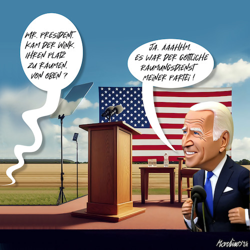 Cartoon: Göttlicher Kandidatenräumdienst (medium) by MorituruS tagged us,präsident,president,joe,biden,rückzug,kandidatur,aufgabe,kandidat,demokraten,usa,wahlkampf,alter,demenz,gesundheit,altersschwäche,gott,jüngere,kandidaten,amt,governeur,bruder,kamala,harris,vize,cartoon,karikatur,moriturus