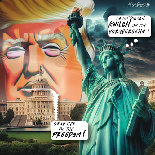 Cartoon: Grab her by the freedom 2 (medium) by MorituruS tagged donald,trump,us,wahl,comeback,election,stop,the,steal,stolen,gewitter,sturm,aufs,kapitol,capitol,statue,of,lady,liberty,grab,her,by,freedom,karikatur,cartoon,moriturus