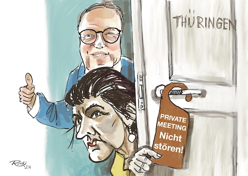 Cartoon: Bitte nicht stören (medium) by Rudissketchbook tagged thüringen,2024,wahl,landtag,koalitionsverhandlungen,sahra,wagenknecht,mario,voigt,cdu,bündnis,spaltung,vorsicht