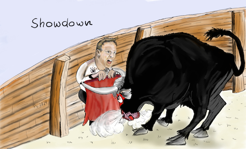 Cartoon: Showdown (medium) by SchmidtFineArt tagged fussball,deutschland,em,em2024,spanien,viertelfinale,fußball,sport,comic,karikatur,gesellschaft,illustration,cartoon,cartoons,demokratie,europameisterschaft,stier,stierkampf,matador,torero,meistertitel,fussballtor,fussballturnier,turnier