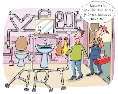 Cartoon: Handwerker (medium) by Rebecca-Meyer tagged heizung,sanitär,abwasserrohren,htrohre,hochtemperaturrohre,fachmann,fachkräftemangel,klima,klempner,rohre,verlegen,badezimmer,popart,künstler,heizung,sanitär,abwasserrohr,htrohre,hochtemperaturrohre,fachmann,fachkräftemangel,klima,klempner,rohre,verlegen,badezimmer,popart,künstler