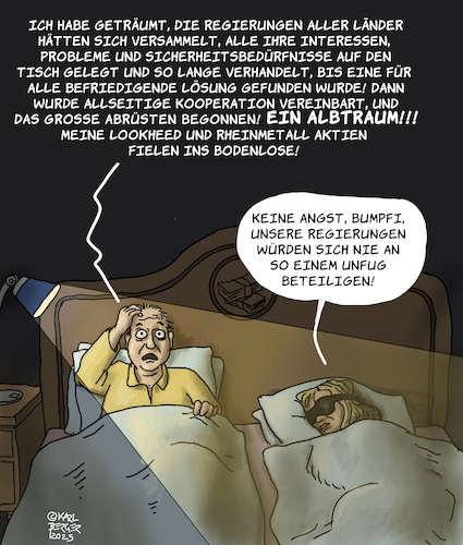 Cartoon: Albtraum der Reichen (medium) by Karl Berger tagged albtraum,aktien,kooperation,frieden,abrüstung,albtraum,aktien,kooperation,frieden,abrüstung