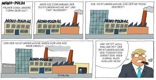 Cartoon: arbeitszeitverkürzung (medium) by Karl Berger tagged 35stundenwoche,arbeitszeit,arbeitszeitverkürzung,lebenszeit,35,stunden,woche,arbeitszeit,arbeitszeitverkürzung,lebenszeit,erfolg,wachstum,unternehmer,fabrik,industrie,verwaltung,büro