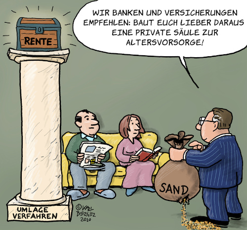 Cartoon: Auf Sand gebaut (medium) by Karl Berger tagged rente,drittesäule,pension,umlageverfahren,kapitaldeckung,gegenreform,rente,dritte,säule,pension,umlageverfahren,kapitaldeckung,gegenreform,bank,versicherung,riester,rürup,aktien,festgeld,lebensversicherung