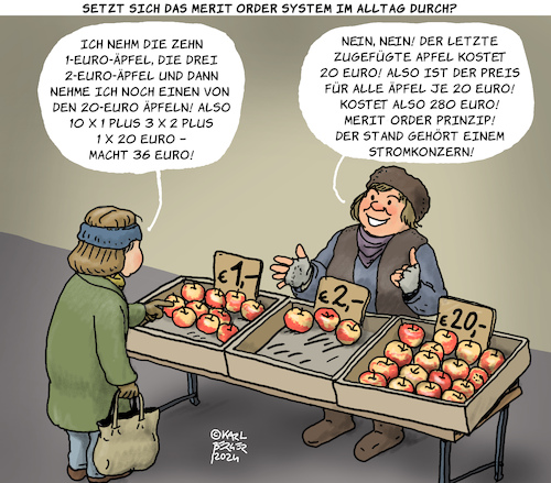 Cartoon: Merit-Order-Prinzip (medium) by Karl Berger tagged stromwucher,strompreisbremse,stromkonzerne,energie,teuerung,wucher,stromwucher,strompreisbremse,stromkonzerne,energie,teuerung,wucher