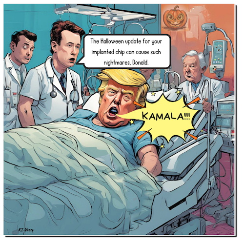 Cartoon: Nightmare on Fifth Avenue (medium) by A Human tagged musk,trump,halloween,chip,implantat,nightmare,hospital,elon,donald,harris,kamala,elections,usa,musk,trump,halloween,chip,implantat,nightmare,hospital,elon,donald