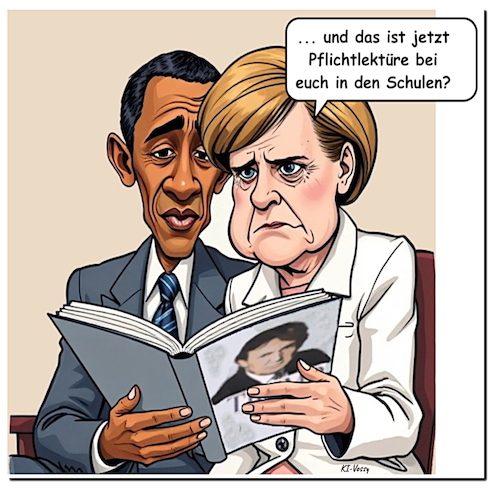 Cartoon: Pflichtlektüre (medium) by A Human tagged obama,merkel,usa,washington,trump,freiheit,memoiren,lesereise,cdu,welttournee,bundeskanzlerin,anthem,lektüre,literatur,obama,merkel,usa,washington,trump,freiheit,memoiren,lesereise,cdu,welttournee,bundeskanzlerin,anthem