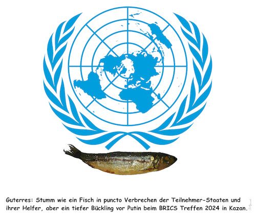 Cartoon: Der Fisch stinkt vom Kopf (medium) by ArtyFicial tagged uno,un,guterres,verbeugung,putin,brics,2024,kazan