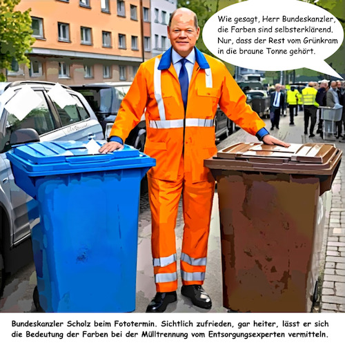 Cartoon: Mülltrennung (medium) by ArtyFicial tagged mülltrennung,farben,bundeskanzler,olaf,scholz