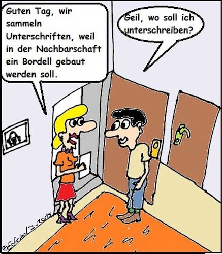 Cartoon: Unterschriftenaktion... (medium) by Schnauzevoll tagged missverständnis,unterschriftenaktion,mann,frau,bordell,etablissement,gesellschaft,prostitution,nachbarschaft