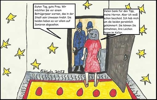 Cartoon: Selbstjustiz (medium) by SMK tagged oma,seniorin,kriminalität,frau,polizisten,polizei,gesellschaft,betrüger,mord,leiche,keller,verbrechen,selbstjustiz,rache