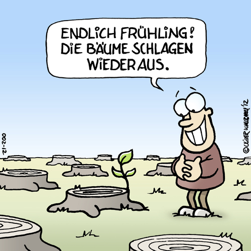 Cartoon: Frühling ohne Bäume (medium) by Rovey tagged natur,mai,frühling,abholzen,kahlschlag,wald,schlagen,fällen,baumstumpf,baumfällung,baum,bäume,hoffen,hoffnung,wachstum,vegetation,blätter,zweig,laub,zerstörung,grün,spross,wachsen,holzindustrie,ressource,holz,pflanze,freude,ökologie,umweltschutz,naturschutz,bäume,baum,baumfällung,baumstumpf,fällen,kahlschlag,abholzen,wald,wälder,rodung