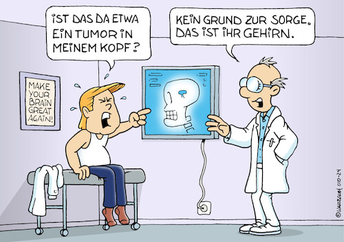 Cartoon: Make your brain great again (medium) by Rovey tagged donald,trump,politiker,politik,usa,amerika,wahlkampf,us,wahl,republikaner,geschäftsmann,immobilienmogul,populismus,populist,arzt,doktor,mediziner,gehirn,denkorgan,hirn,medizin,gesundheit,diagnose,patient,neurologe,untersuchung,kopf,organ,praxis,röntgenbild,tumor,dummheit,blödheit,intelligenz,intelligenztest,denkvermögen,cartoon,illustration,zeichnung,humor,hirnspezialist,donald,trump,politiker,politik,usa,amerika,wahlkampf,us,wahl,republikaner,geschäftsmann,immobilienmogul,populismus,populist,arzt,doktor,mediziner,gehirn,denkorgan,hirn,medizin,gesundheit,diagnose,patient,neurologe,untersuchung,kopf,organ,praxis,röntgenbild,tumor,dummheit,blödheit,intelligenz,intelligenztest,denkvermögen,cartoon,illustration,zeichnung,humor,hirnspezialist