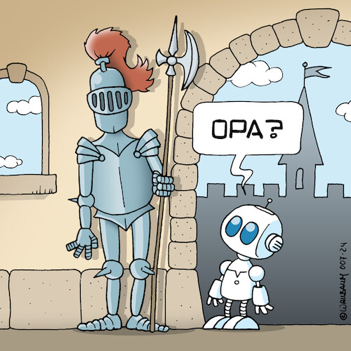 Cartoon: Wenn KI mal Fragen stellt (medium) by Rovey tagged ritter,rittersmann,ritterrüstung,krieger,rüstung,roboter,klein,miniroboter,ki,ai,künstliche,intelligenz,ritterburg,burg,alt,historisch,gemäuer,mittelalter,festung,herkunft,frage,zweifel,bewusstsein,science,fictiion,vergangenheit,geschichte,zukunft,future,robot,comedy,tech,humor,digital,cartoon,illustration,ritter,rittersmann,ritterrüstung,krieger,rüstung,roboter,klein,miniroboter,ki,ai,künstliche,intelligenz,ritterburg,burg,alt,historisch,gemäuer,mittelalter,festung,herkunft,frage,zweifel,bewusstsein,science,fictiion,vergangenheit,geschichte,zukunft,future,robot,comedy,tech,humor,digital,cartoon,illustration