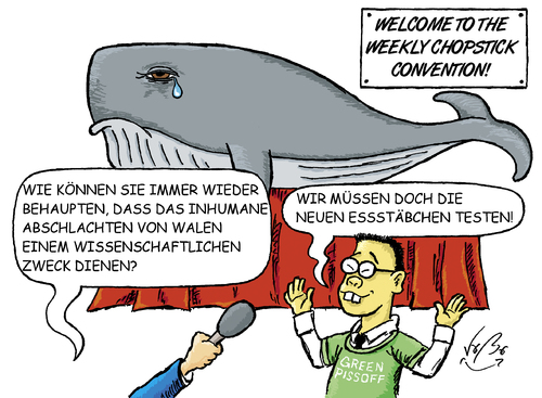 Cartoon: Essstäbchen Convention (medium) by VoBo tagged eestäbchen,wale,meer,ozean,abschlachten,essstäbchen,wale,meer,ozean,abschlachten,wal,tiere,aussterben,fischfang,jäger,fang,natur,naturschutz