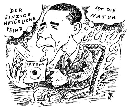 Cartoon: naturlicher feind des atoms (medium) by JP tagged obama,alamos,calhoun,akw,atom,flut,waldbrand,barack obama,usa,präsident,akw,atom,flut,waldbrand,atomkraftwerk,atomkraft,natur,umwelt,barack,obama