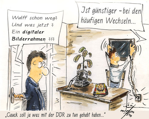 Cartoon: Auf dem Amt (medium) by Lupe tagged bundespräsident,wulff,bundeskanzler,pressefreiheit,kredit,hannover,lügen,hausaufgaben,eltern,küche,christian,verfasung,verfassungsorgan,organ,gauck,digitaler,bilderrahmen,wechsel,pragmatismus,köhler