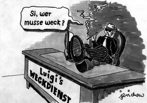 Cartoon: Weckdienst (medium) by jerichow tagged selbständigkeit,italien,beseitigung,killer,cosanostra,dienstleistungsgesellschaft,dienstleistung,mafiosi,mafioso,weckdienst,mafia,mafia,weckdienst,mafioso,mafiosi,dienstleistung,wecken