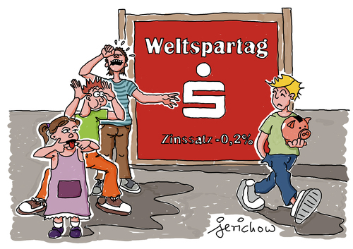 Cartoon: WELTSPARTAG (medium) by jerichow tagged banken,zinssatz,wertschöpfung,zinsen,sparbuch,zinseszins,betrug,wirtschaftswachstum,wirtschaftssystem,bankensystem,schadenfreude,sparschwein,spargroschen,banken,zinssatz,wertschöpfung,zinsen,sparbuch,zinseszins,betrug,wirtschaftswachstum,wirtschaftssystem,bankensystem,schadenfreude,sparschwein,spargroschen