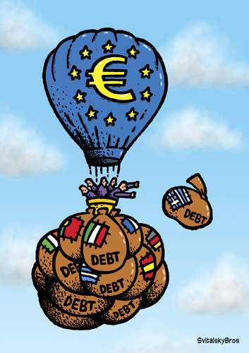 Cartoon: Euro and the debt (medium) by svitalsky tagged euro,europa,reduce,debt,illustration,cartoon,color,svitalsky,svitalskybros,dept,schuld,eurozone,eurozona,finance,financial,money,finanz,finanzen,geld,euro,finanzkrise,wirtschaftskrise,europa