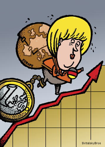 Cartoon: Germany helps to Europe (medium) by svitalsky tagged cartoon,mithelfen,hilfe,rise,graph,chart,money,finance,euro,europe,germany,german,deutschland,geld,kredit,schuld,krise,debt,depression,crisis,carry,bear,help,merkel,angela,currency,down,illustration,color,politics,politik,politiker,gipfel,svitalsky,svitalskybros,detuschland,merkel,finanzen,finanzkrise,börse