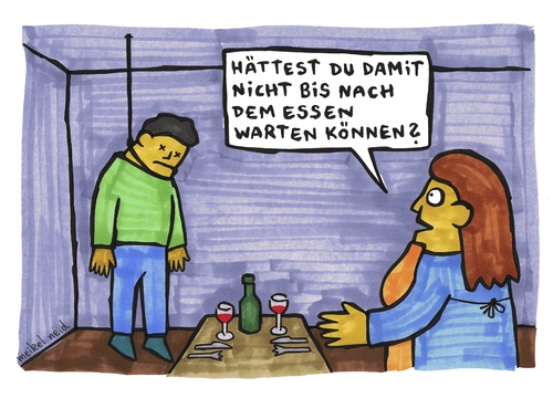 Cartoon: warten (medium) by meikel neid tagged warten,essen,strick,suizid,selbstmord,abendessen,wein