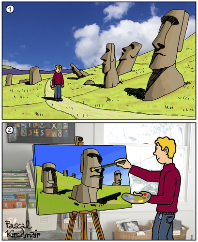 Cartoon: Inspiration (medium) by Pascal Kirchmair tagged karikatur,caricature,illustration,bildgeschichte,cartoon,rapanui,pascua,isla,pasqua,isola,paques,de,ile,island,easter,osterinsel,inspiration,moai,inspiration,osterinsel,easter,island,ile,de,paques,isola,pasqua,isla,pascua,rapanui,cartoon,bildgeschichte,illustration,caricature,karikatur