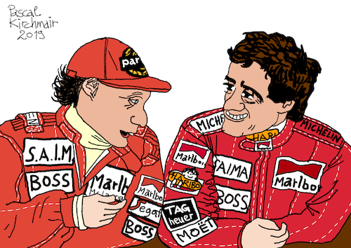 Cartoon: Niki Lauda and Alain Prost (medium) by Pascal Kirchmair tagged niki,lauda,alain,prost,formel,formula,formule,uno,one,un,austria,üsterreich,rennfahrer,dibuix,illustration,drawing,zeichnung,pascal,kirchmair,cartoon,caricature,karikatur,ilustracion,dibujo,desenho,ink,disegno,ilustracao,illustrazione,illustratie,dessin,de,presse,du,jour,art,of,the,day,tekening,teckning,cartum,vineta,comica,vignetta,caricatura,champion,autorennen,pilot,piloten,niki,lauda,alain,prost,formel,formula,formule,uno,one,un,austria,üsterreich,rennfahrer,dibuix,illustration,drawing,zeichnung,pascal,kirchmair,cartoon,caricature,karikatur,ilustracion,dibujo,desenho,ink,disegno,ilustracao,illustrazione,illustratie,dessin,de,presse,du,jour,art,of,the,day,tekening,teckning,cartum,vineta,comica,vignetta,caricatura,champion,autorennen,pilot,piloten