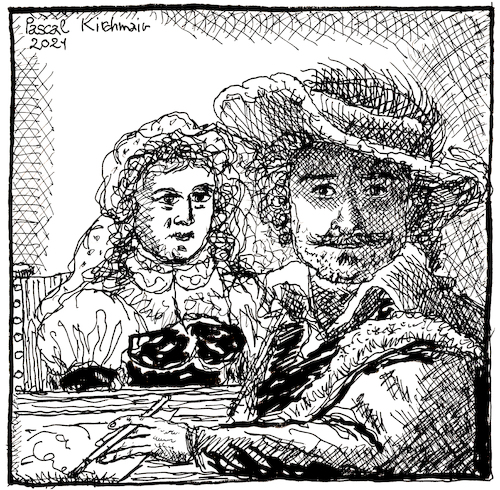 Cartoon: Rembrandt und Saskia (medium) by Pascal Kirchmair tagged rembrandt,van,rijn,wife,sakia,frau,artist,artiste,artista,kunst,künstler,illustration,sepia,ink,drawing,tusche,tuschezeichnung,zeichnung,pascal,kirchmair,cartoon,caricature,karikatur,ilustracion,dibujo,desenho,disegno,ilustracao,illustrazione,illustratie,dessin,de,presse,du,jour,art,of,the,day,tekening,teckning,cartum,vineta,comica,vignetta,caricatura,portrait,porträt,portret,retrato,ritratto,arte,holland,netherlands,niederlande,leiden,amsterdam,leyden,rembrandt,van,rijn,wife,sakia,frau,artist,artiste,artista,kunst,künstler,illustration,sepia,ink,drawing,tusche,tuschezeichnung,zeichnung,pascal,kirchmair,cartoon,caricature,karikatur,ilustracion,dibujo,desenho,disegno,ilustracao,illustrazione,illustratie,dessin,de,presse,du,jour,art,of,the,day,tekening,teckning,cartum,vineta,comica,vignetta,caricatura,portrait,porträt,portret,retrato,ritratto,arte,holland,netherlands,niederlande,leiden,amsterdam,leyden