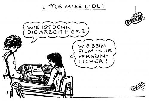 Cartoon: Little Miss Lidl (medium) by Kriki tagged lidl,supermarkt,stasi,mitarbeiter,überwachung,,lidl,supermarkt,einkaufen,handel,verkauf,lebensmittel,markt,kaufen,stasi,mitarbeiter,überwachung,arbeit,job,kamera,kontrolle,vertrauen,privatsphäre,film,kino,schauspieler,aufnahme,kasse,kassiererin,verkäufer,arbeitsmoral