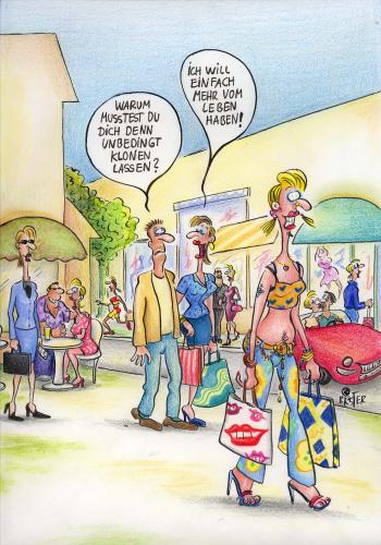 Cartoon: mehr vom leben (medium) by Petra Kaster tagged lifestyle,gier,konsumverhalten,klonen,gentechnik,cartoon,cartoons,moral,ethik,genetik,gen,gentechnik,klonen,konsumverhalten,konsument,konsumgesellschaft,gier,lifestyle,fortschritt,technik,dna,gene,duplikat,leben,angst,furcht,philosophie,handel,verkauf,shopping,frauen,frau