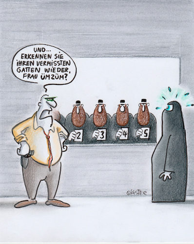 Cartoon: ümzüm (medium) by Petra Kaster tagged krimi,polizei,integration,burka,bärte,beziehung,multikulti,traditionen,ehe,ehekrisen,vermummung,masken,terrorismus,frauen,immigration,krimi,polizei,integration,burka,bärte,beziehung,multikulti,traditionen,ehe,ehekrisen,vermummung,masken,terrorismus,frauen,immigration