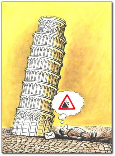 Cartoon: attention (medium) by penapai tagged pisa,,pisa,turm,schief,schräg,gebäude,sightseeing,italien,tod,selbstmord,abschied,verkehrsschild,zeichen,geröll,steine,gefahr