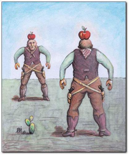 Cartoon: duel (medium) by penapai tagged western,duell,cowboy,wilder westen,schießen,apfel,frucht,western,zielen,herausforderung,till eulenspiegel,wilder,westen,till,eulenspiegel