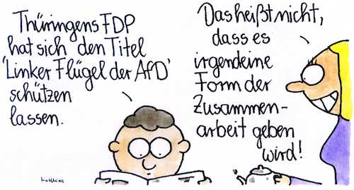 Cartoon: Thüringens FDP (medium) by Matthias Schlechta tagged thüringen,landtag,erfurt,ministerpräsident,fdp,afd,kemmerich,höcke,neuwahl,wahl,minderheitsregierung,rücktritt,thüringen,landtag,erfurt,ministerpräsident,fdp,afd,kemmerich,höcke,neuwahl,wahl,minderheitsregierung,rücktritt