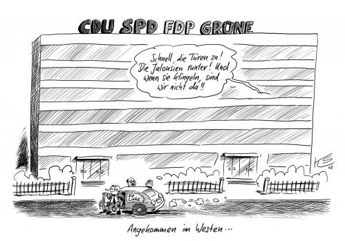 Cartoon: Angekommen (medium) by Stuttmann tagged partei,parteien,die,linke,partei,linke,lafontaine,kommunismus,stasi,ddr,spd,cdu,fdp,grüne,landestag,wahl,sitz,koalition,mehrheit,stimme,deutschland