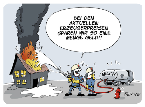 Cartoon: Aktueller Milchpreis (medium) by FEICKE tagged milch,supermarkt,vertrieb,preis,defizit,preiskampf,discounter,feuerwehr,löschen,brand,feuer,wasser,teuer,billig,sparen,landwirte,skandal,rein,konkurs,pleite,minus,milch,supermarkt,vertrieb,preis,defizit,preiskampf,discounter,feuerwehr,löschen,brand,feuer,wasser,teuer,billig,sparen,landwirte,skandal,rein,konkurs,pleite,minus