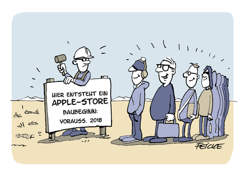 Cartoon: Applestore (medium) by FEICKE tagged pc,apple,store,shop,schlange,bau,konsum,rabatt,schnäppchen,jäger,pc,apple,store,shop,schlange,bau,konsum,rabatt,schnäppchen,jäger