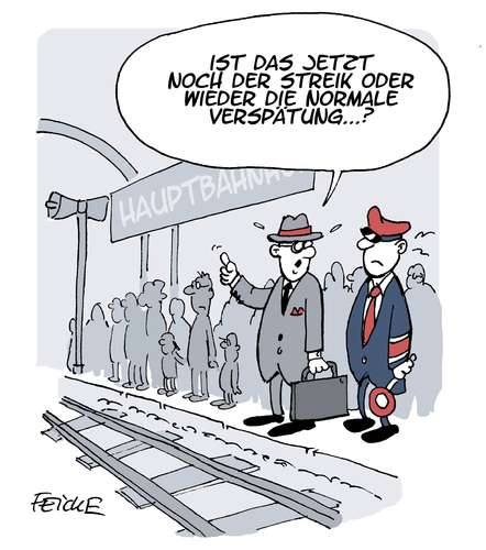 Cartoon: Bahnstreik (medium) by FEICKE tagged deutsche,bahn,lokfuehrer,tarif,verhandlung,streik,personal,verspätung,spät,zug,bahnhof,deutsche,bahn,lokfuehrer,tarif,verhandlung,streik,personal,verspätung,spät,zug,bahnhof